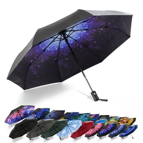SY COMPACT Travel Umbrella - Windproof Automatic Compact Umbrellas for Rain - color: UPF-Starry sky blue