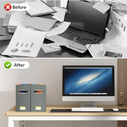 BALEINE 4PK File Organizer Box, Cardboard File Folder Organizer with Handle - color: Grey, style: 4PK (Slim)