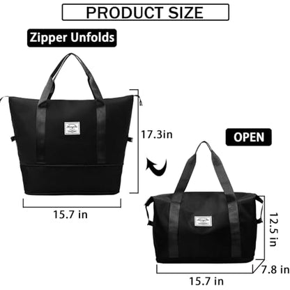 Travel Duffel Bag For Women and Men Waterproof Expandable Travel Bag Weekender Overnight Carry on Tote - color: black