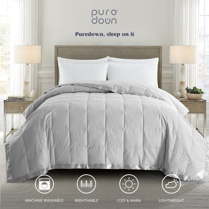 puredown® Blankets King Size - Soft Lightweight Down Blanket for Bed, Cozy Warm Luxury Bed Blanket with Satin Trim, Light Grey (108"X90") - color: 02 Light Gray, size: King