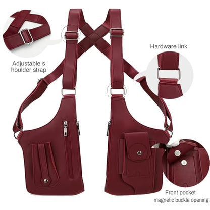 FANNING511 Double Shoulder Armpit Bag for Men Underarm Bag Multi Pocket Underarm Shoulder Bag - color: Burgundy