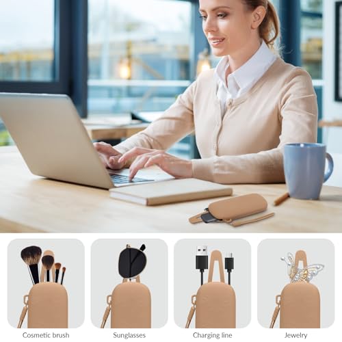 Travel Essentials Makeup Brush Holder,Portable Make Up Organizer,Silicone Cosmetic Brush Pouch with Magnetic Buckle,Sunglass Organizer Travel Essentials (Brown) - color: Brown