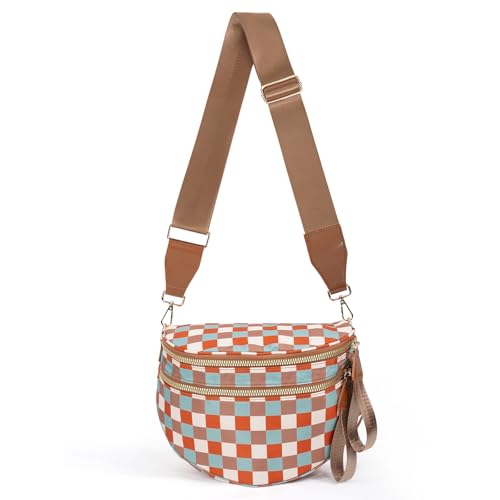 Checkered Crossbody Bum Bags for Women Large Nylon Belt Purse Fanny Packs Bag with Adjustable Shoulder Strap (Blue Red Checkered) - color: Blue Red Checkered