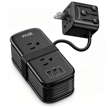 VYLEE Universal Travel Adapter with 6FT Extension Cord - color: Black Grey