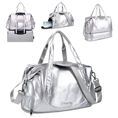 Gym Bag for Women Men, Expandable Travel Duffel Bag with Shoe Compartment - color: Silver