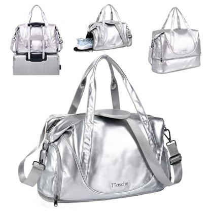 Gym Bag for Women Men, Expandable Travel Duffel Bag with Shoe Compartment - color: Silver