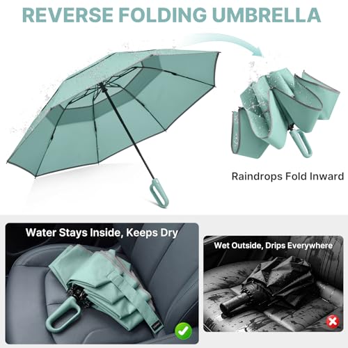 G4Free 46inch Ring Buckle Umbrella, Inverted Design with Carabiner Handle - color: Green