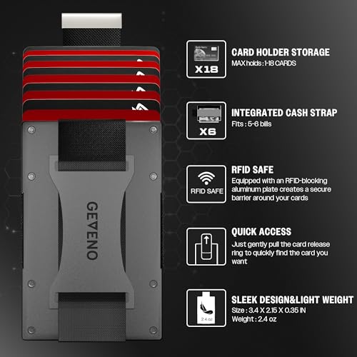 Slim Ridge Wallet for Men–Metal Minimalist RFID 1–21 Card Holder - color: Black, style: Cash Strap