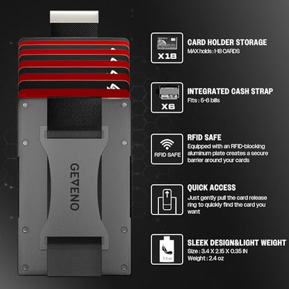 Slim Ridge Wallet for Men–Metal Minimalist RFID 1–21 Card Holder - color: Black, style: Cash Strap