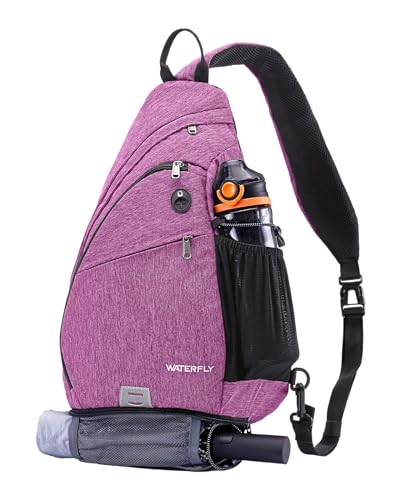 WATERFLY Sling Bag Crossbody Backpack: Over Shoulder Daypack Casual Cross Chest Side Pack | 18L, Water resistant hiking daypack, 7 pockets for 13" Tablet, water bottle & umbrella pockets, Outdoor travel shoulder bag - color: Purple 1