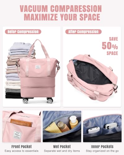 Rolling Duffle Bag with Wheels Expandable Travel Bag with Pump Pink - color: F5-Pink