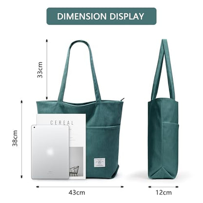 KALIDI Women Corduroy Tote Bag Zipper Casual Tote's Handbag Big Capacity Shoulder Bag with Pockets - color: D-blue