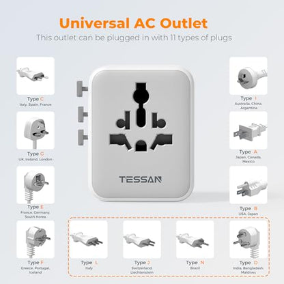 TESSAN Universal Travel Adapter 28W, International Power Adapter - color: Grey white