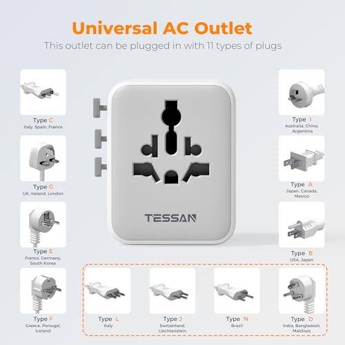 TESSAN Universal Travel Adapter 28W, International Power Adapter - color: Grey white