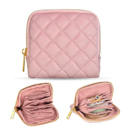 Jewelry Organizer Case, Small Travel Velvet Pouch, Portable - color: Blush Pink Quilted