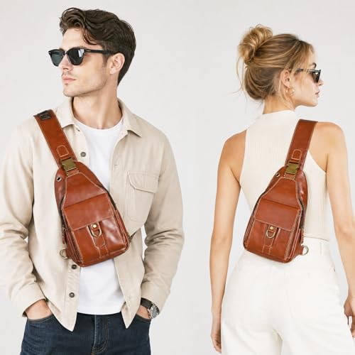Genuine Leather Hiking Travel DayPack Sling Crossbody Triangle Chest Pack Bag For Men Women 8241 (E-Coffee 1) - color: E-coffee 1