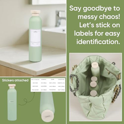 DEMORA 8.8oz Large Travel Bottles for Toiletries, Leak Proof Plastic Travel Squeeze Bottles Refillable Toiletry Containers with Flip Caps and Labels for Shampoo Conditioner Body Wash (Green, 4 Pcs)