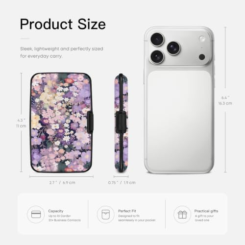 Credit Card Holder RFID Aluminum card case Floral 2 mini Wallet Women Men - color: Purple Floral