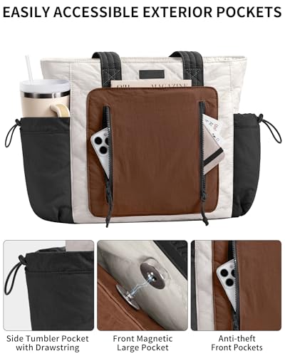 Bagstellar Puffer Tote Bag for Women, Lightweight Puffy Work Laptop Handbag - color: Cream-brown-black