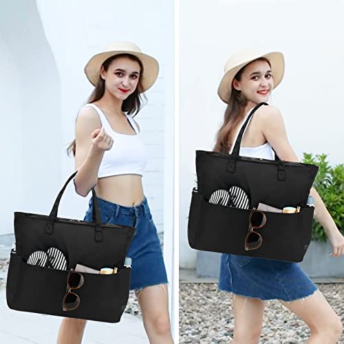 Bluboon Waterproof Beach Tote Pool Bags for Women Ladies Extra Large Carry On Bag With Wet Compartment for Weekender Travel - color: M-black