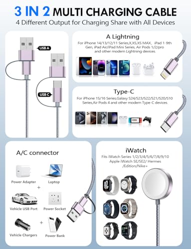 1Pack Travel Essentials for Apple Watch Charger,3-in-2 Multi Charging Cable - color: Gray, size: 1Pack-5 FT