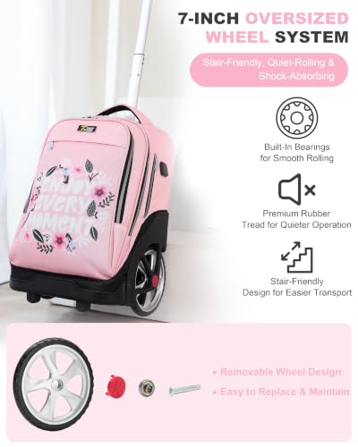 NEW TILAMI Rolling Backpack 19 inch with Lunch Bag Teens Cute Wheeled Computer Laptop Backpack Bookbag Roller Travel Bag College, Flower Pink - color: Flower Pink