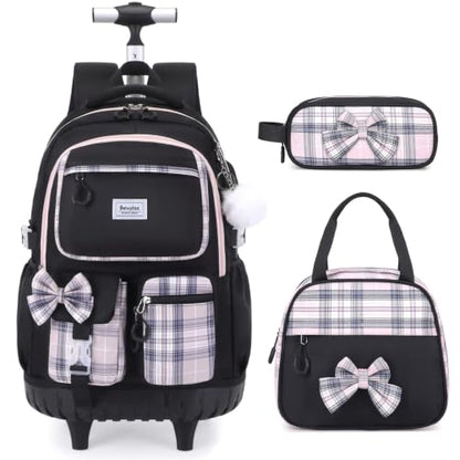 Bevalsa Rolling Backpack for Girls, Roller Backpack with Wheels - color: Black Pink