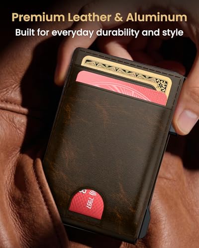 Wallet for Men Card Holder: Pop Up Card Case, Genuine Leather, Smart, RFID Blocking, Slim, Minimalist, Thin, Front Pocket - 12 Card Capacity, ID Window, Money Clip (Bronze) - color: Bronze