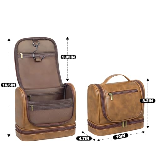 Travel Toiletry Bag For Men and Women, Leather Hanging Toiletry Organizer, Waterproof with Separate Compartments, Travel Kit for Gym Camping and Mens Gift (Light Brown)