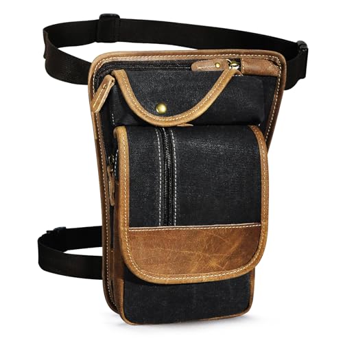 Water Resistant Canvas + Leather Motorcycle Travel Fanny Waist Pack Drop Thigh Leg Bag Pouch For Men Women FB913-5 - color: Y-3112-black