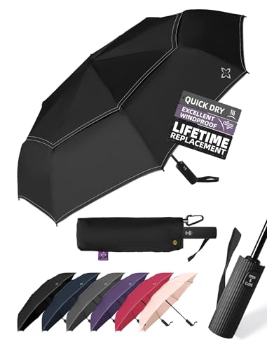 Windproof Travel Umbrella, Compact auto open/close Umbrellas for Rain - color: Black