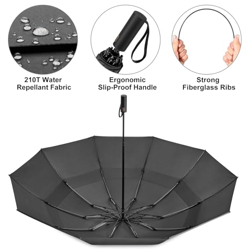 Prospo 46/62 Inch Large Travel Umbrellas for Rain Windproof, 10 Ribs Compact Reverse Folding Golf Umbrella, Double Canopy Automatic Open Close - color: Black, size: 46 inch