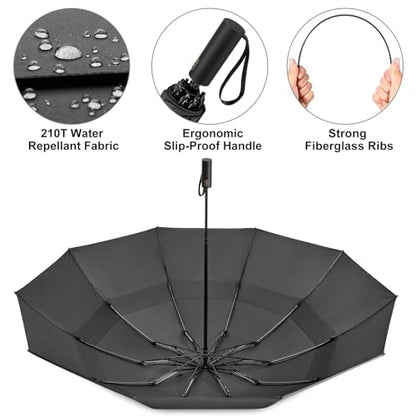 Prospo 46/62 Inch Large Travel Umbrellas for Rain Windproof, 10 Ribs Compact Reverse Folding Golf Umbrella, Double Canopy Automatic Open Close - color: Black, size: 46 inch