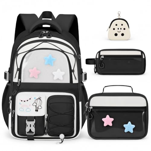 Girls Backpack with Lunch Box, 4 PCS Black Kawaii School Bookbag for Girls - color: Black