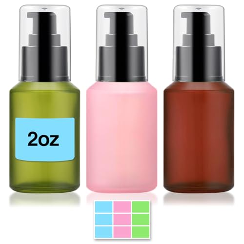 2oz Frosted Glass Pump Bottle Dispenser, 3pcs 60ml Mixed Color - color: Green Pink Brown, size: 2 OZ