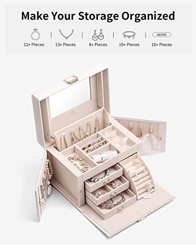 VLANDO Jewelry Boxes & Organizers with Mirror and 3 Drawers,White - color: A.White