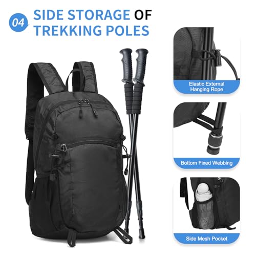 20L Small Hiking Backpack for Women Men Packable Daypack Black - color: Black, size: 20L
