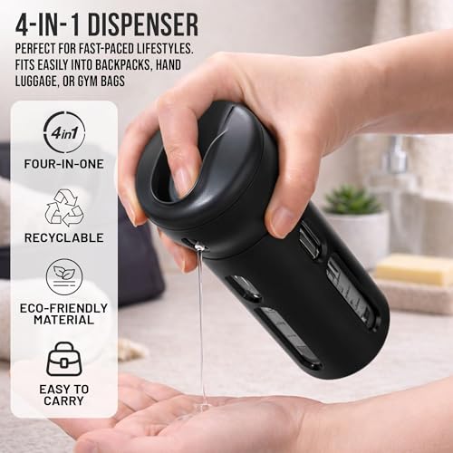 Travigo 4-in-1 Travel Dispenser Bottle Set, TSA Approved, Leak Proof, Reusable 1.4 oz. (40 mL) Toiletry Containers for Shampoo, Conditioner, Soap, Lotion, Skincare (2 Pack, Black & Gray) - color: Combo (Black Gray)
