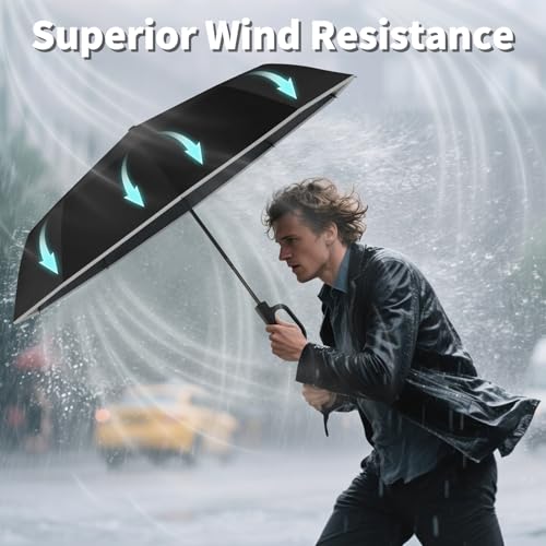 Seniny Travel Umbrella with UV Sun Protection, Large Rain Umbrellas, Black | One-Touch Automatic Umbrella with Carabiner Handle & Reflective Strip, Portable Compact Umbrella for Car Backpack - color: Black