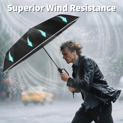 Seniny Travel Umbrella with UV Sun Protection, Large Rain Umbrellas, Black | One-Touch Automatic Umbrella with Carabiner Handle & Reflective Strip, Portable Compact Umbrella for Car Backpack - color: Black