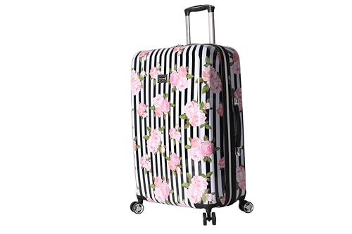 Betsey Johnson 26 Inch Checked Luggage Collection - Expandable Scratch Resistant (ABS + PC) Hardside Suitcase - Designer Lightweight Bag with 8-Rolling Spinner Wheels (Stripe Roses) - color: Stripe Roses
