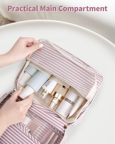 Narwey Hanging Travel Toiletry Bag for Women, Travel Makeup Organizer Bag - color: ZB-Dusty Pink Stripe