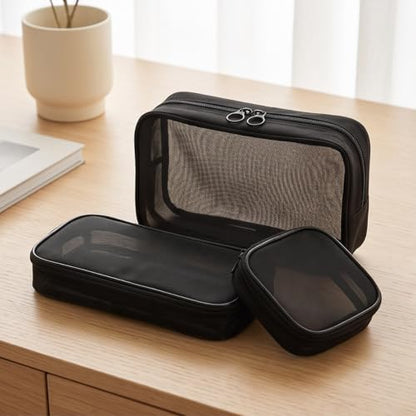 3 Pcs Mesh Cosmetic Bags Black Makeup Brush Bag for Travel Toiletry