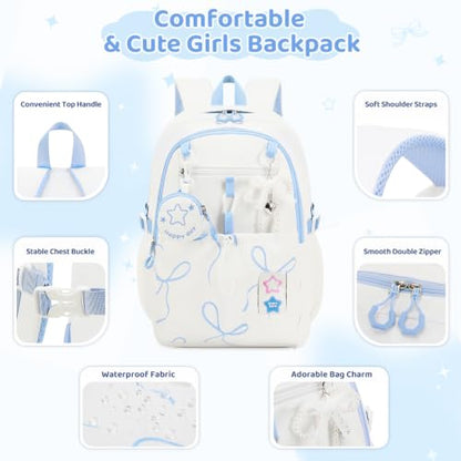 DIGOBAY Backpack for Girls, 5PCS School Bookbag with Lunch Box Pencil Case - color: White Blue Bow