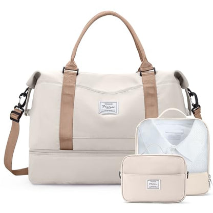 Weekender Bags for Women, Carry-On Overnight Travel Duffel Bag - color: Beige & Brown-3Pcs, size: Extra Large