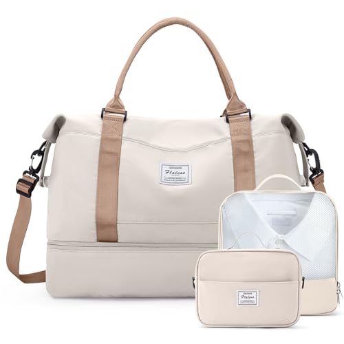 Weekender Bags for Women, Carry-On Overnight Travel Duffel Bag - color: Beige & Brown-3Pcs, size: Extra Large