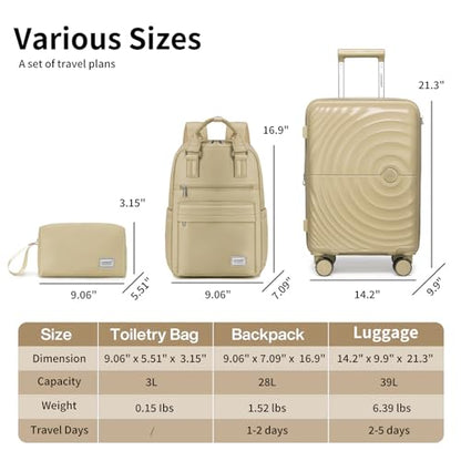 LARVENDER Expandable Carry On 3 Piece Luggage Set with Backpack 20 Inch - color: Champagne, style: 3 Piece Sets