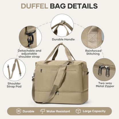 Travel Duffel Bag, Carry-On Overnight Weekender Bags for Women Travel - color: Khaki