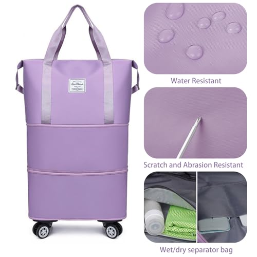 Rolling Duffel Bag with Wheels, Expandable Large Travel Luggage Lightweight & Durable Foldable Carry-On Bag with Removable Wheels for Shopping, Gym, Camping and Trave (Purple) - color: Purple