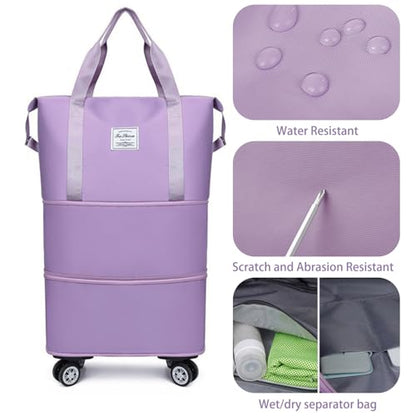 Rolling Duffel Bag with Wheels, Expandable Large Travel Luggage Lightweight & Durable Foldable Carry-On Bag with Removable Wheels for Shopping, Gym, Camping and Trave (Purple) - color: Purple